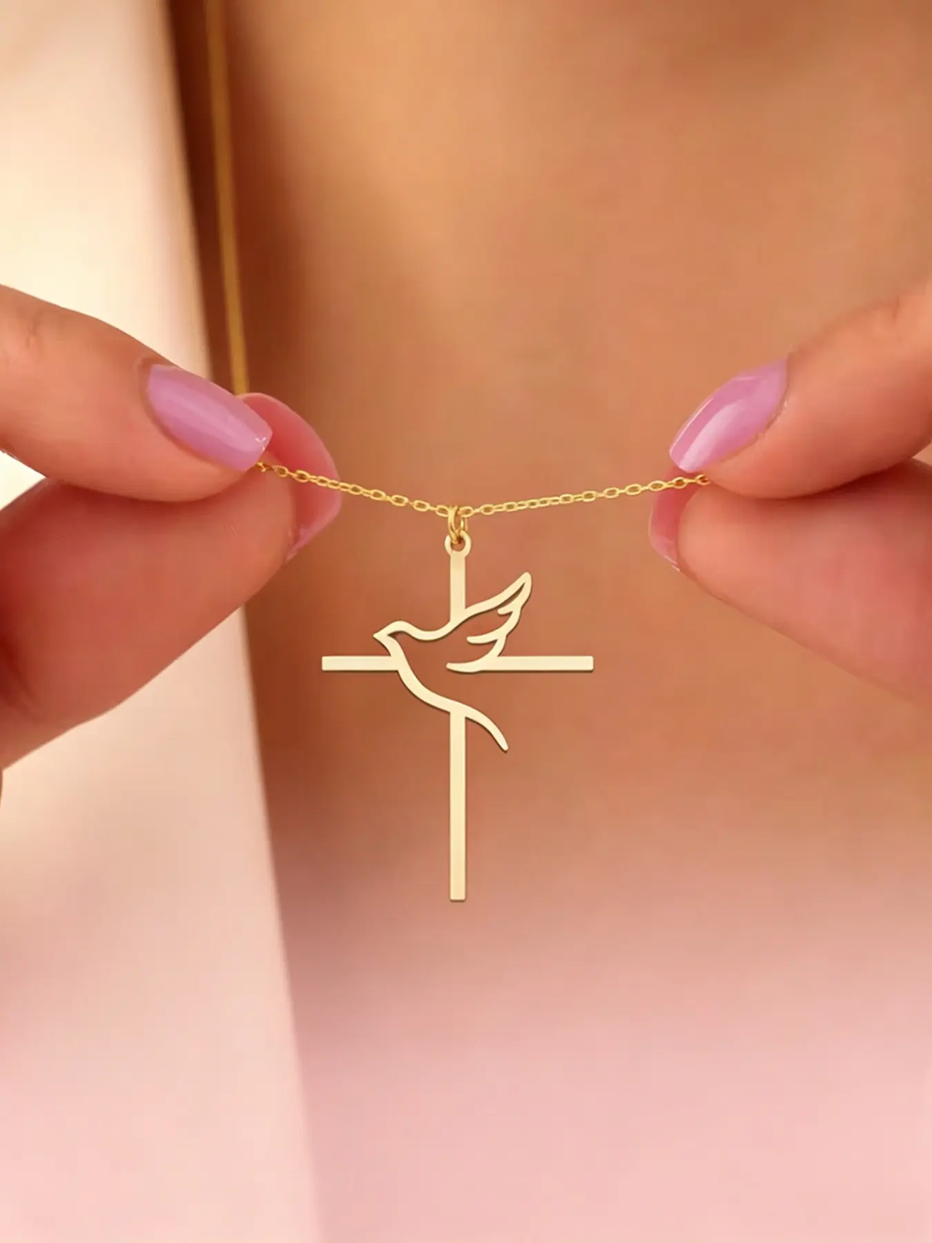 Cross Peace Dove Pendant Necklace Stainless Steel Gold Silver Plated Faith Charm Jewelry Gift For Women Girls Birthday Party
