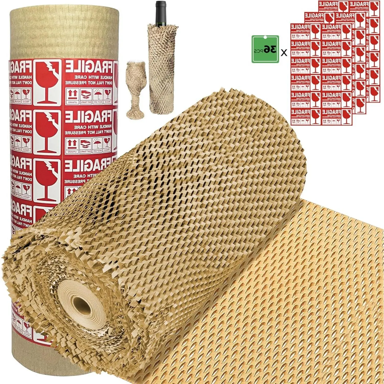 Honeycomb Packing Paper Wrap 15" x 280 ft – Eco-Friendly Recyclable Cushioning Wrap, Bubble Wrap Alternative for Moving, Shipping, Glassware, Plates & Cups, Includes 36 Fragile Sticker LabelsGift