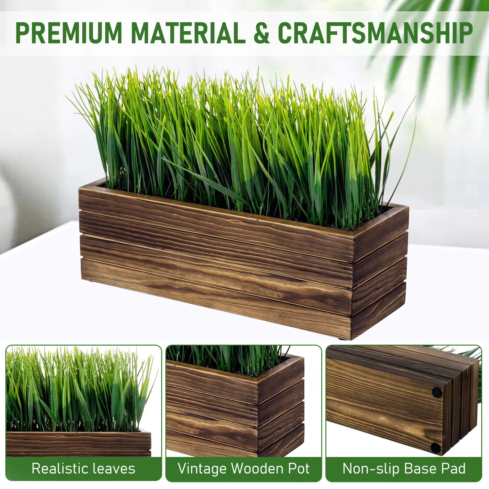 14-Inch Artificial Grass Plant, Faux Greenery in Wooden Planter Box, Rustic Rectangular Decorative Plant for Home Decor, Windowsill, Tabletop & Shelf