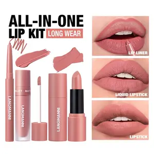 3 In 1 Matte Lip Makeup Set, Lip Liner + Liquid Lip Gloss + Solid Lipstick Kit, Silky Creamy Rich Pigment Kiss Proof Non-Stick Cup 24H Long Lasting Anti Transfer Lip Cosmetic