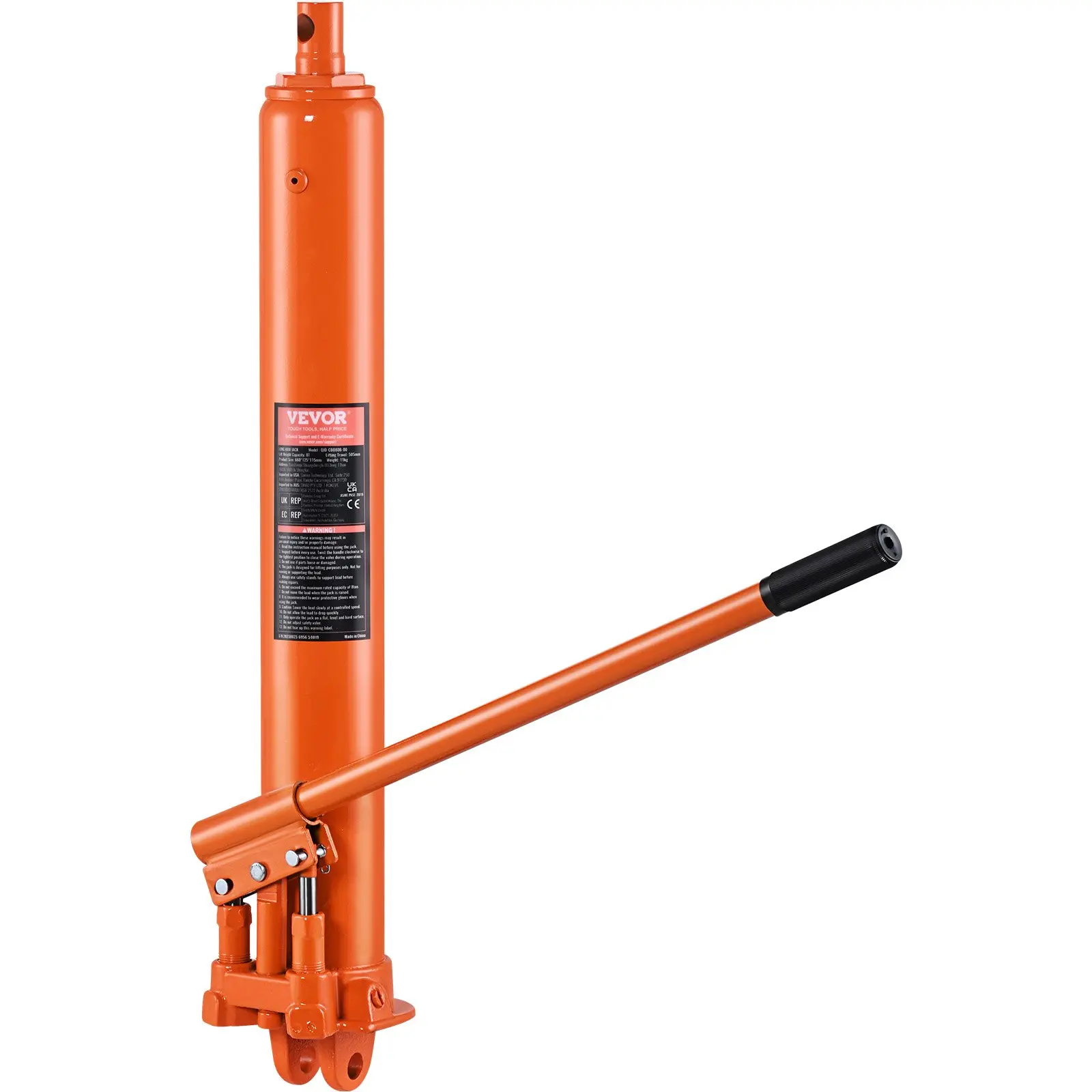 VEVOR 8-Ton Hydraulic Long Ram Jack, #45 Steel Metal Engine Hoist Cylinder, Double Piston Pump, Clevis Base & Rubber Grip for Garage/Shop Cranes, Mechanical Tools Use