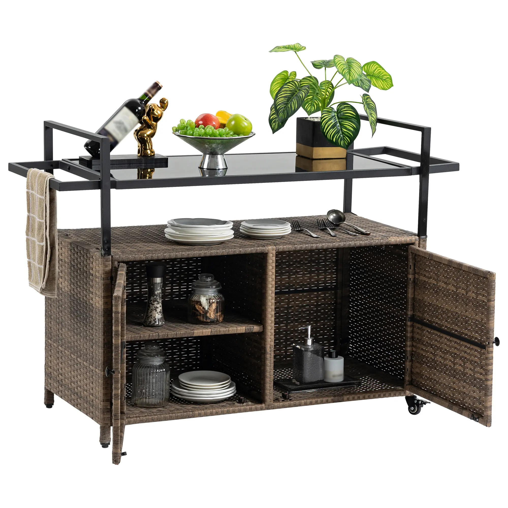 ARCH Outdoor Wicker Bar Cart with Wheels, Rolling Rattan Serving Cart, Patio Wine Bar Table with Glass Top, Portable Beverage Cart for Garden, Poolside, Backyard Party, Light Brown Steel Frame, Light Brown Color Options, Steel Material