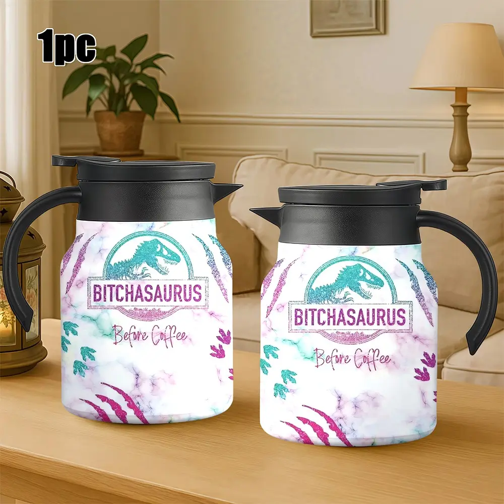 1pc 34oz Before Coffee Dinosaur Marble Printed Stainless Steel Insulated Carafe, Heat Retention Thermal Pitcher Suitable for Kitchen, Office, Sports & Outdoor Camping. Perfect Gift for Valentine's Day, Mother's Day, Father's Day, Halloween, Christmas
