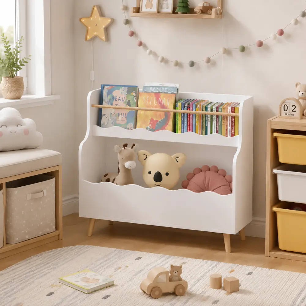 Kids Bookshelf with Storage, Children’s Book Organizer, Toy Storage Cabinet, Kids Bookcase for Nursery & Playroom, Wooden Bookshelf Display Shelf, Toddler Book Rack, Baby Room Storage Organizer, Montessori Bookshelf, White