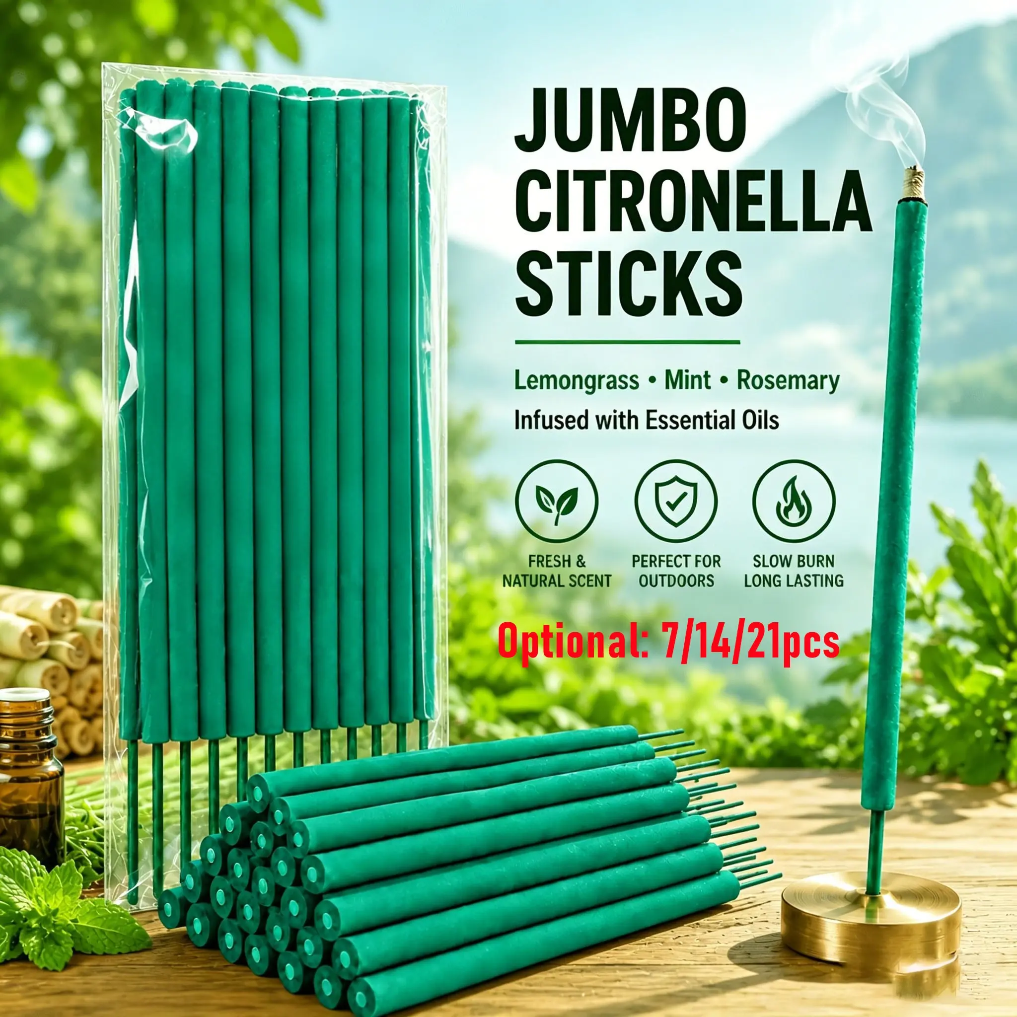 Garden Lemongrass Large Incense Sticks, 27 Cm Thickened Outdoor Incense, Fresh Herbal Fragrance, Home Scent, Slow Burning, 1.5-2 Hours, Camping, Picnics