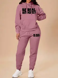 2 Pieces Womrn Sets Spring Fall Fashion Casual Home Outdoor Fitness Letter Print Women Long Sleeve Hooded Sweatshirt with Pockets + Pants Set Tracksuit