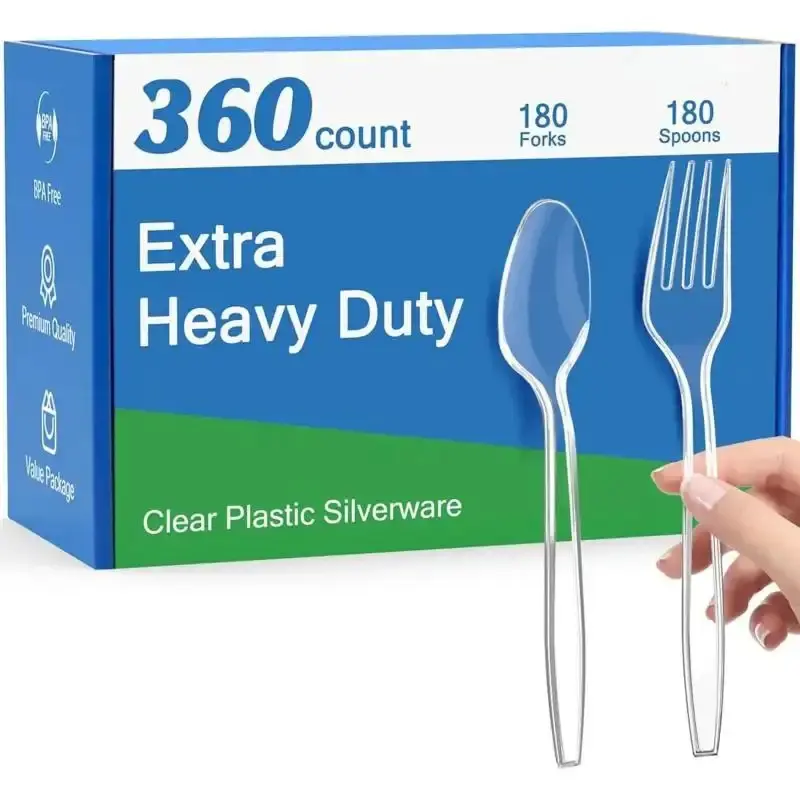 Extra Heavy Duty Disposable Plastic Forks and Spoons Set - 360 Count (180 Forks, 180 Spoons), Heat Resistant Household Plastic Silverware, Forks/Spoons