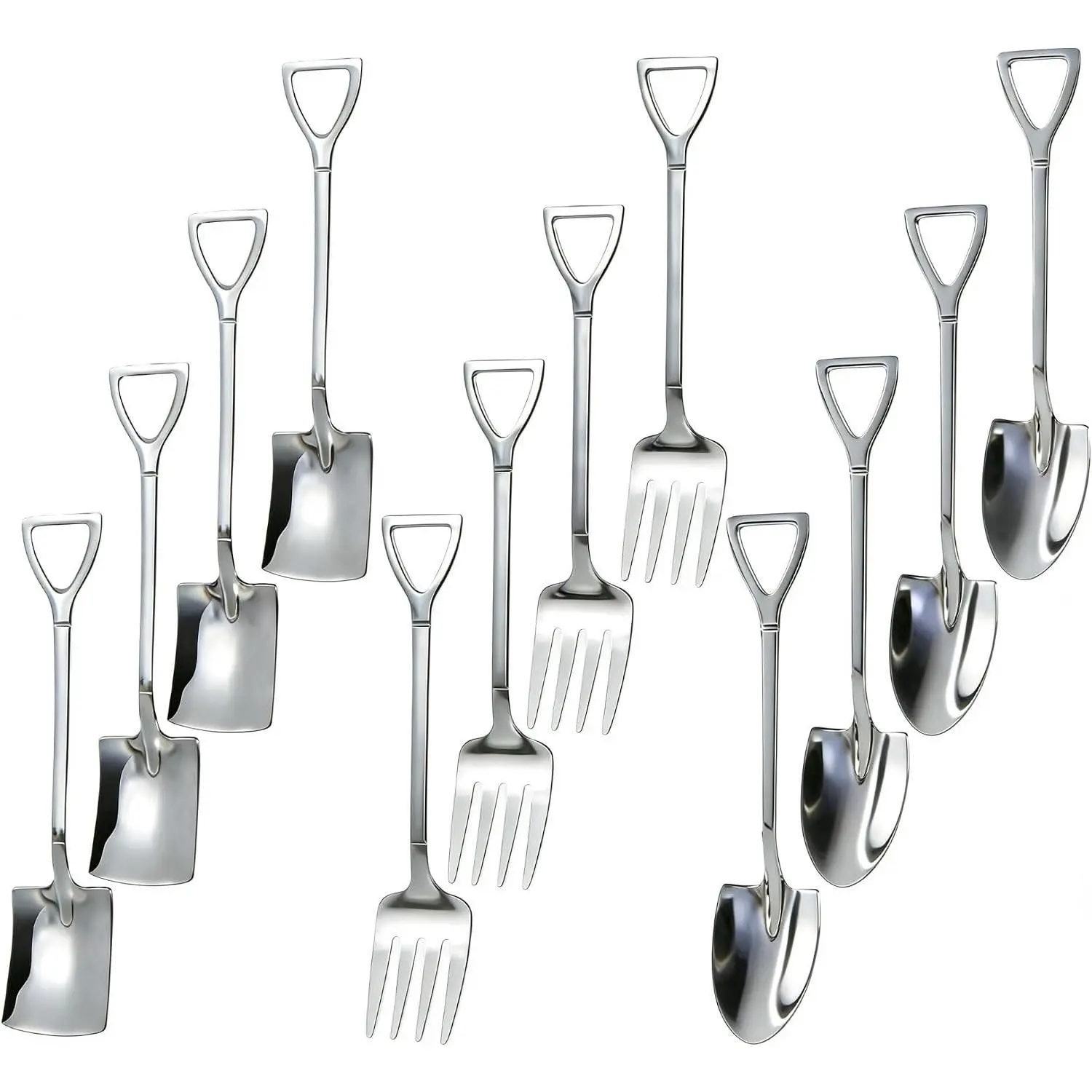 12PCS Dessert Spoons and Forks Set Stainless Steel Shovel Shape Ice Cream Spoons Mini Unique Silverware for Home Cocktail Appetizer Party Coffee Yogurt Cake Fruit (Silver)