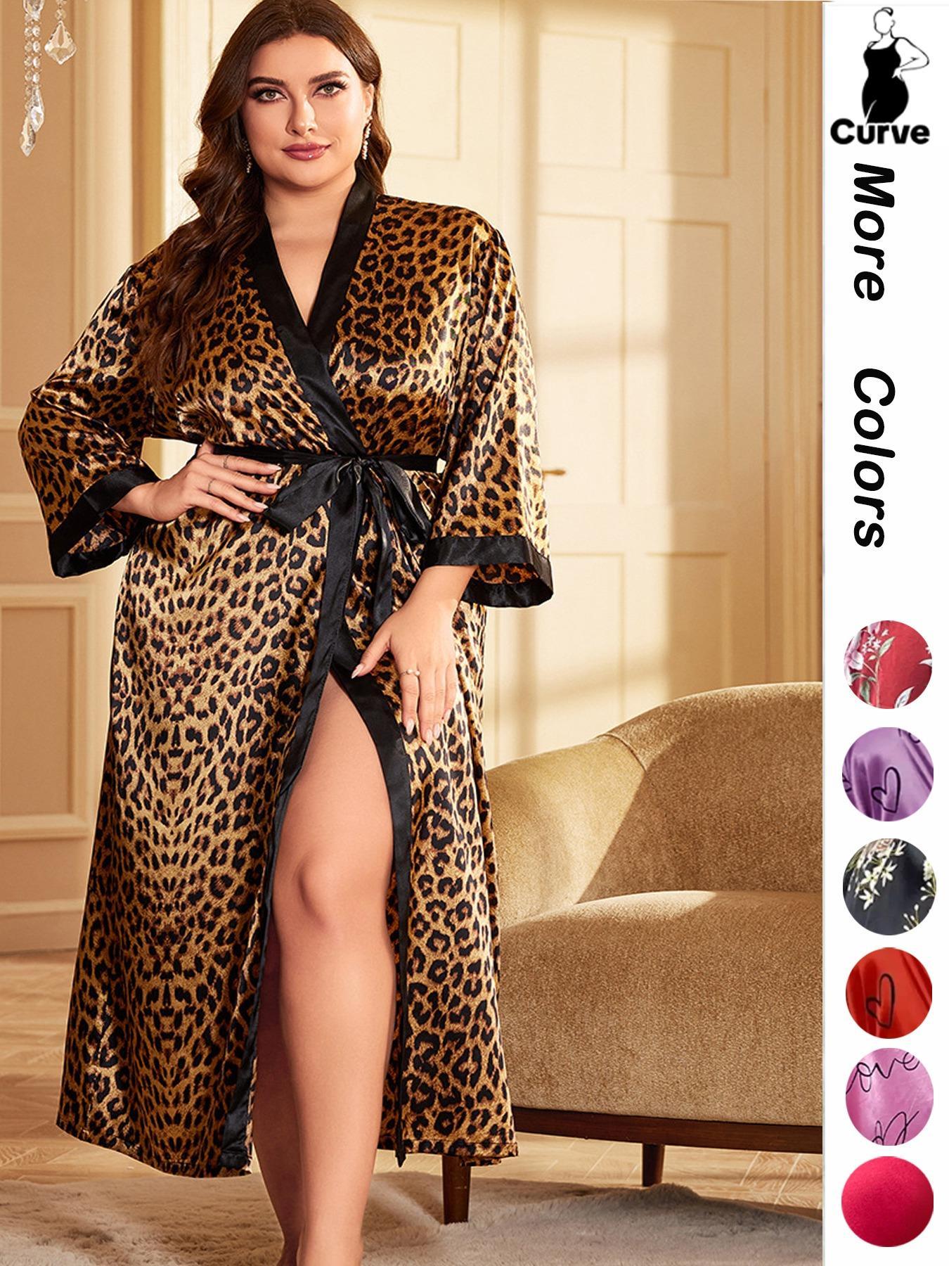 Plus Size Halloween Pumpkin Skull Print Belted Contrast Binding Wrap Robe, Elegant Soft Comfy V Neck Long Lounge Robe, Women's Sleepwear, Lady Summer Outfits 2024
