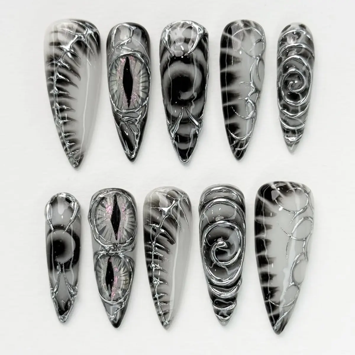 24pcs Long Stiletto Press on Nails, Glue on Nails, Gothic Smoke Gradient, 3D Demon Eye, Silver Color Metal Line, Halloween False Nails Set