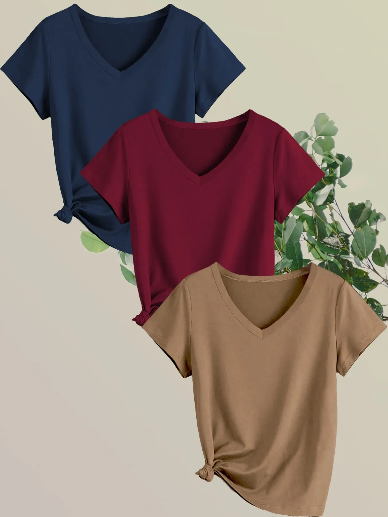 Women's Casual V-Neck T-Shirt, Summer Comfort Stretch Three-Piece Set, Solid Color Short Sleeve, All Seasons Fashion