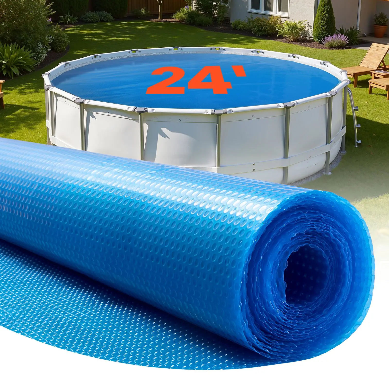 【toolupgrade】VEVOR 24 ft Round Solar Pool Cover, 8 Mil PE Bubble Pool Blanket with Daylight Heat Absorption & Nighttime Heat Retention, Blue