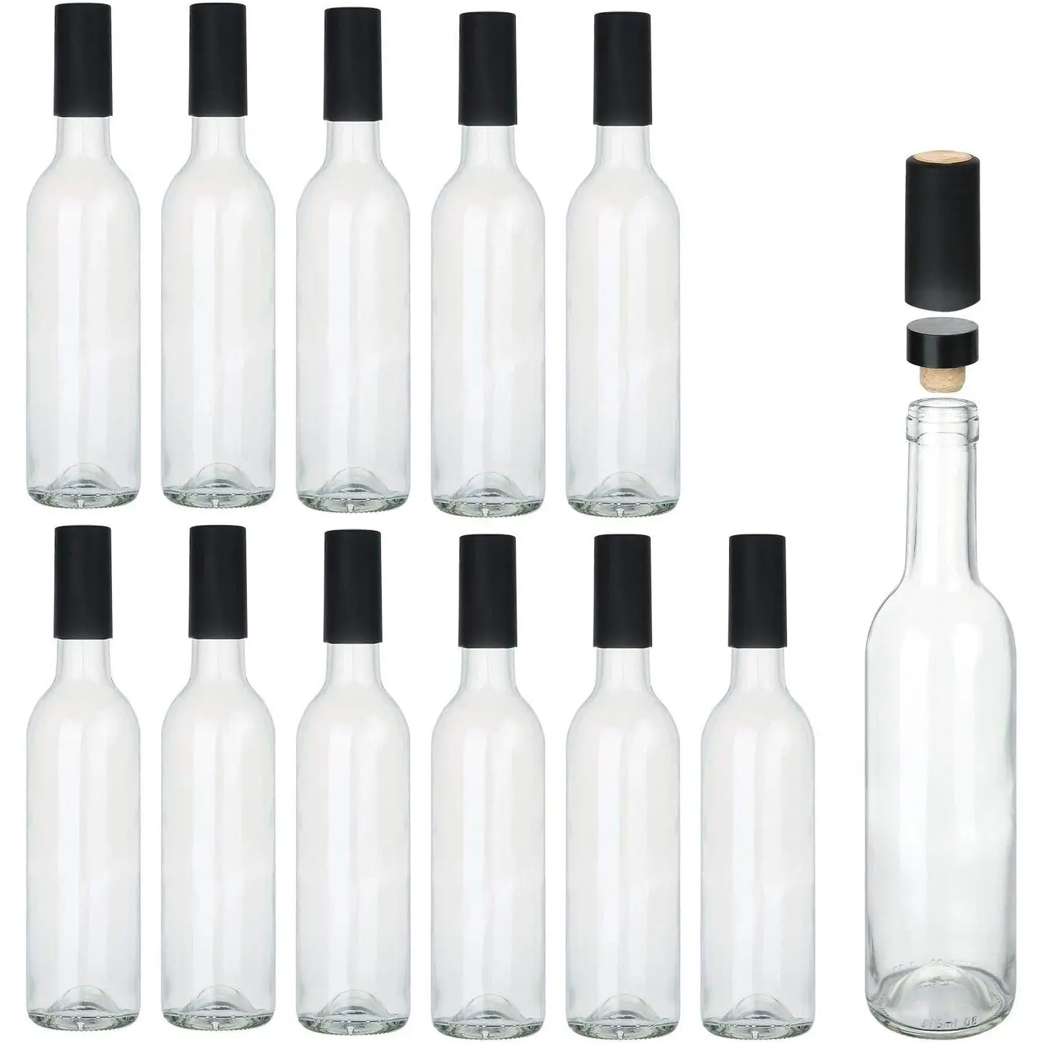 12 oz Glass Bottles With Cork Lids,Home Brewing Wine Bottles With Caps and Shrink Capsules,Clear Wine Making Bottle For Sparkling Wine,Kefir,Juice,Beverages,Leak Proof,Dishware Safe,12Pack