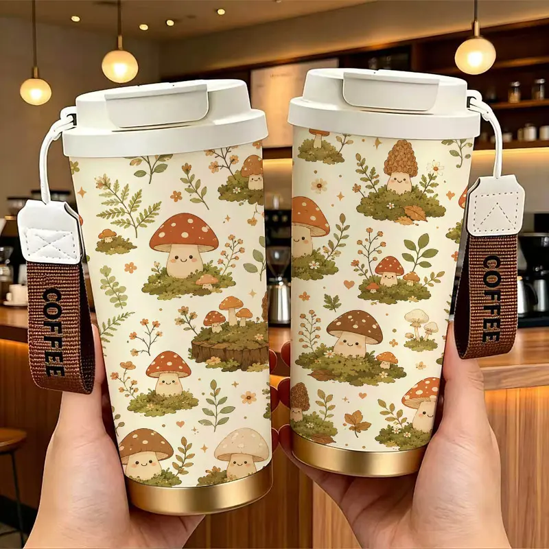 Cute Mushroom Print Stainless Steel Insulated Coffee Cup with Double Drink Design， Portable Travel Tumbler with COFFEE Wrist Strap， Reusable Thermal Mug， Perfect Gifts For Birthday Holiday.