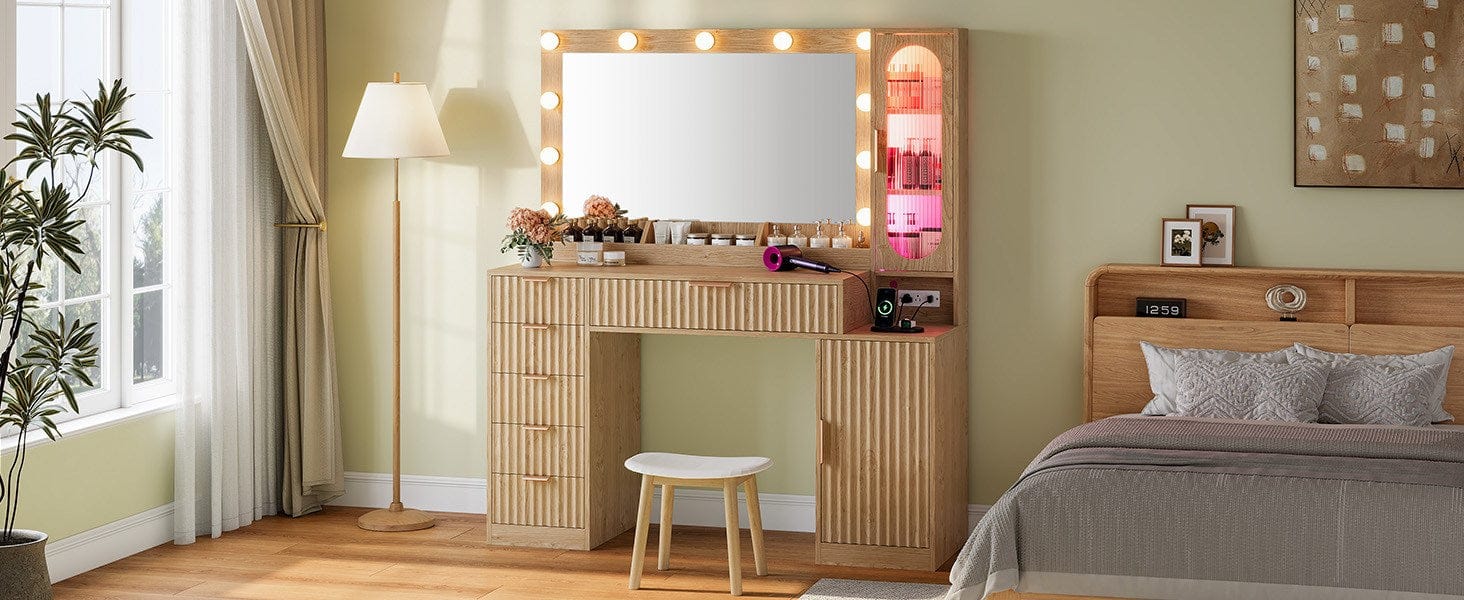Fluted Makeup Vanity with Charging Station and RGB Lights Oak