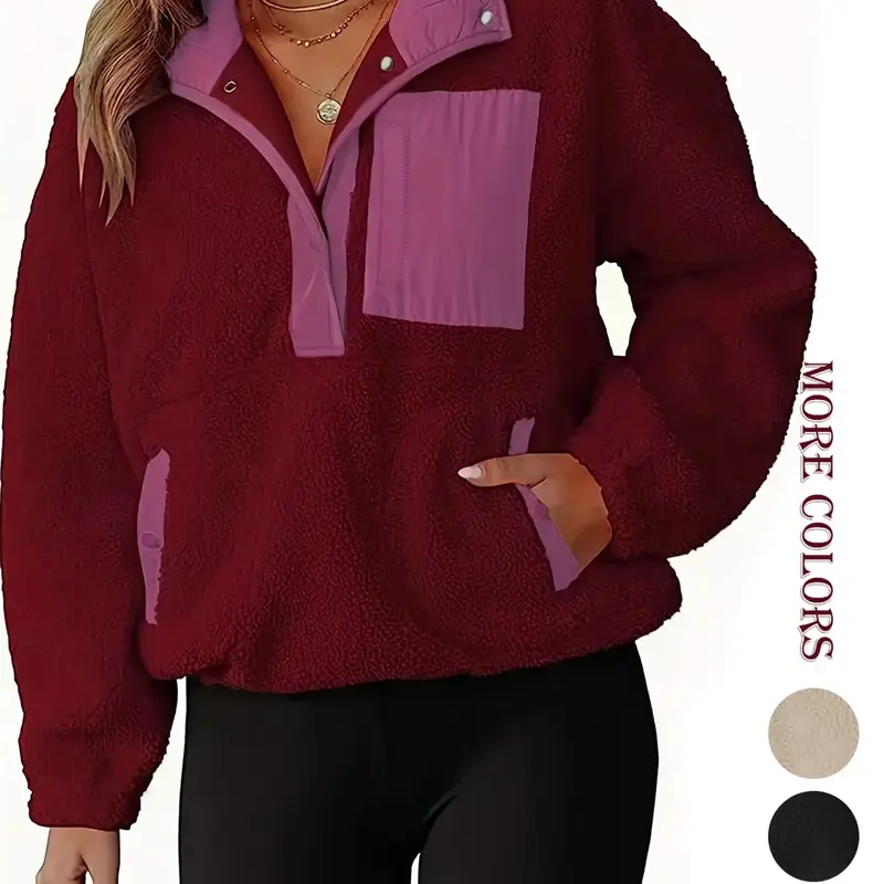 Women's Patchwork Print Half Button Pocket Fuzzy Sweatshirt, Casual Drop Shoulder Long Sleeve Stand Collar Pullover for Fall & Winter, Women's Clothes for Daily Wear, Casual Sweatshirts