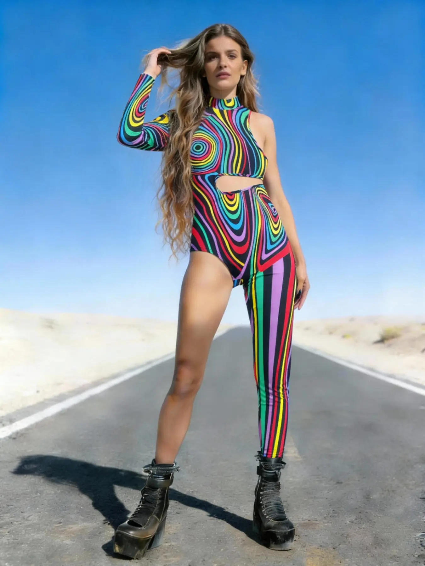 Psychedelic Rainbow Swirl Asymmetric Bodysuit for Women, Backless Single Sleeve Design, Music Festival Edm Party Cosplay Tight Bodysuit
