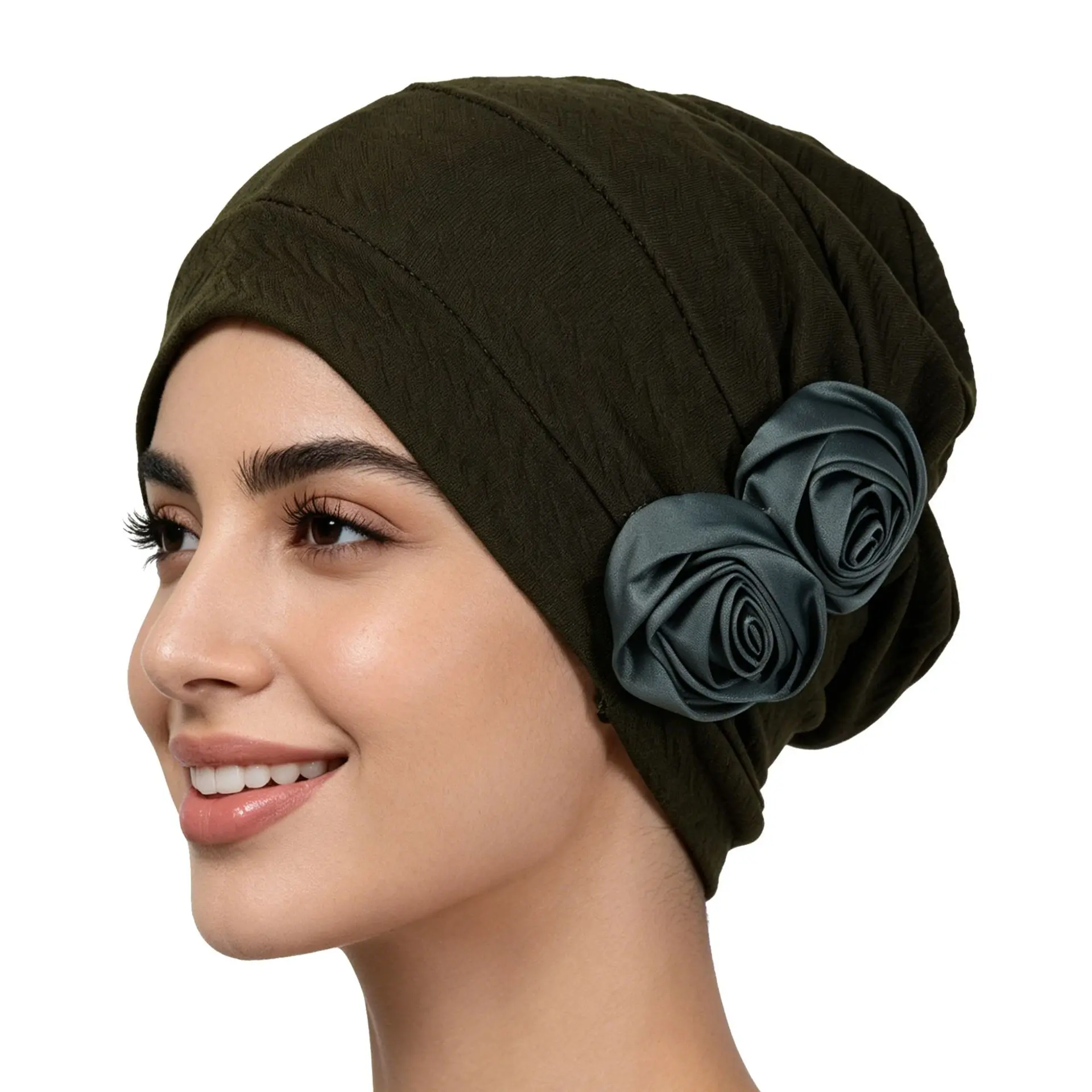 Double Satin Rose Flower Turban Bonnet Cap - Viral Textured Stretch Fabric, Non-Slip, Soft, Breathable Beanie Headwrap, 1-Size-Fit-All, Double Roses, for Daily Travel, Outdoor Wear (Sports & Outdoor Accessory)