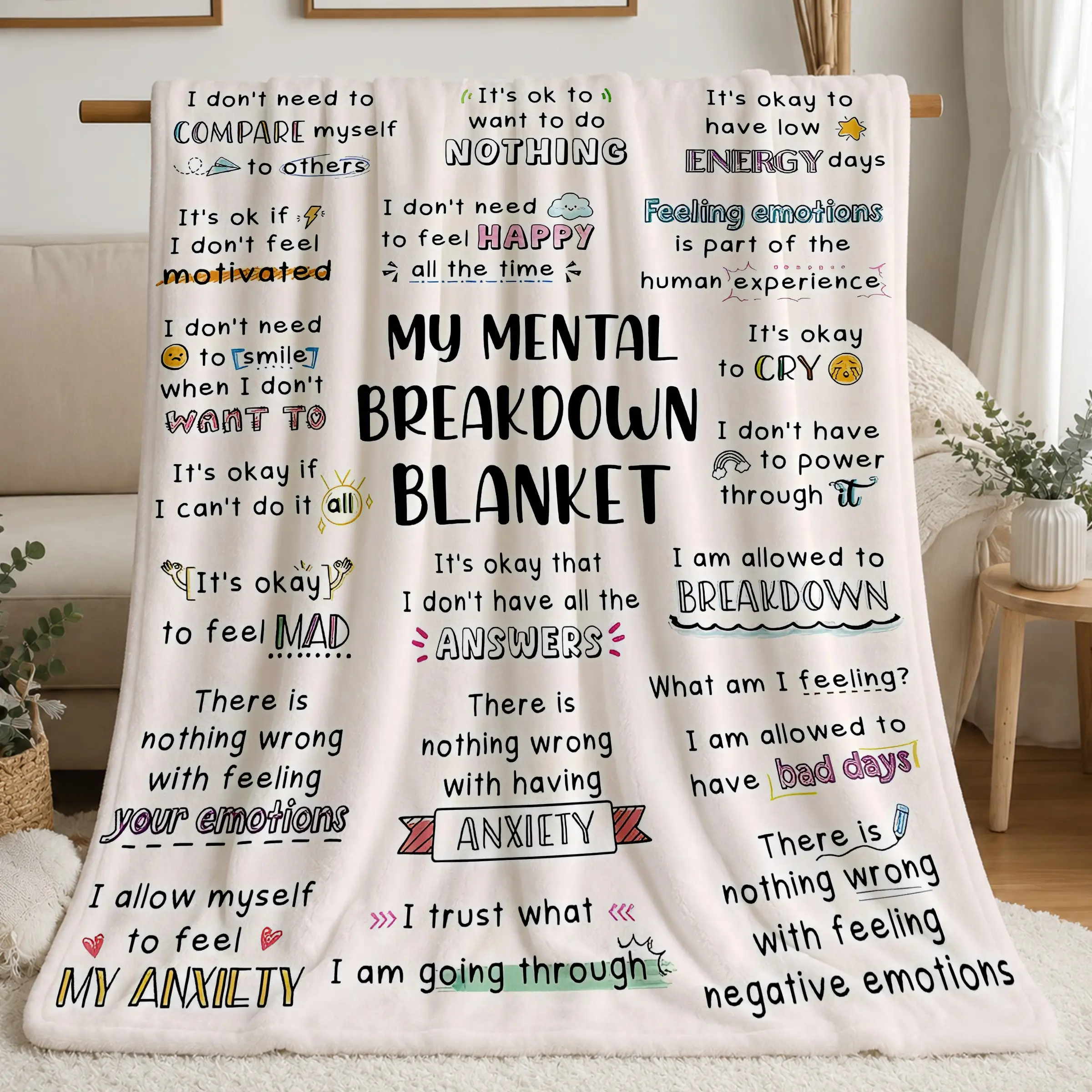 Mental Health Encouragement Plush Blanket, Soft Flannel Throw with Anxiety Relief Quotes, Bedroom Sofa Living Room Decor, Mental Health Gift