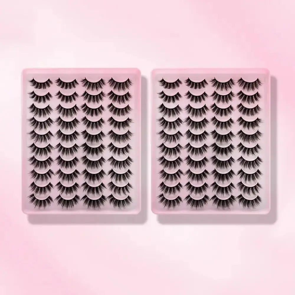 Long D Curl & Wispy Faux Lashes Bundle, 40 Pairs Synthetic Fiber Strip Lashes in Pink and Light Pink, Full Volume and Fluffy Clusters for Women and Girls