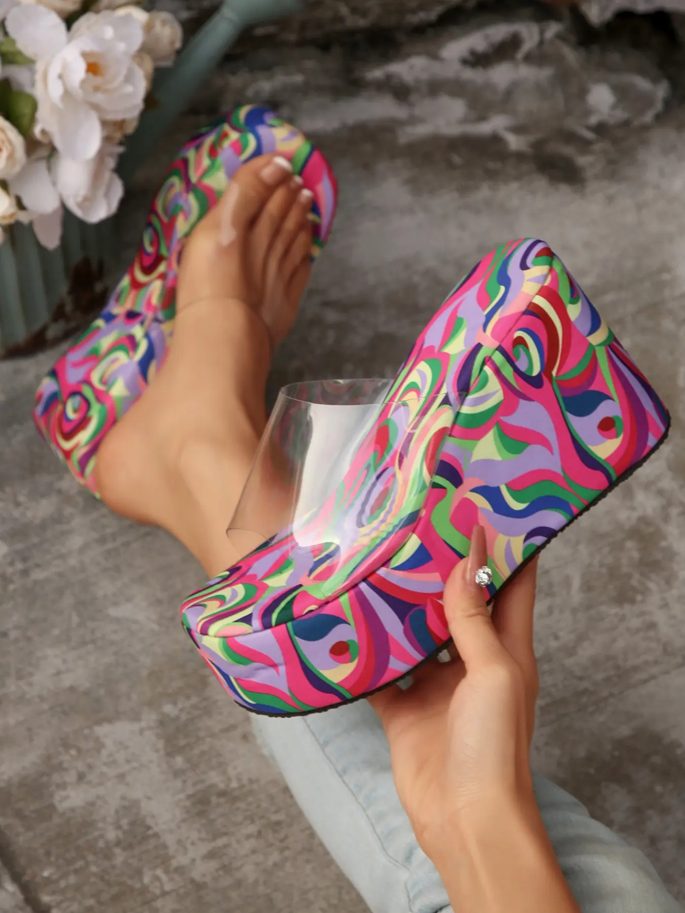 Colorblock Fluid Pattern Full Coverage Wedge Sandals, Transparent Square Toe, One-Strap Heel Lift Thick Sole, Women's Vacation Flip Flops