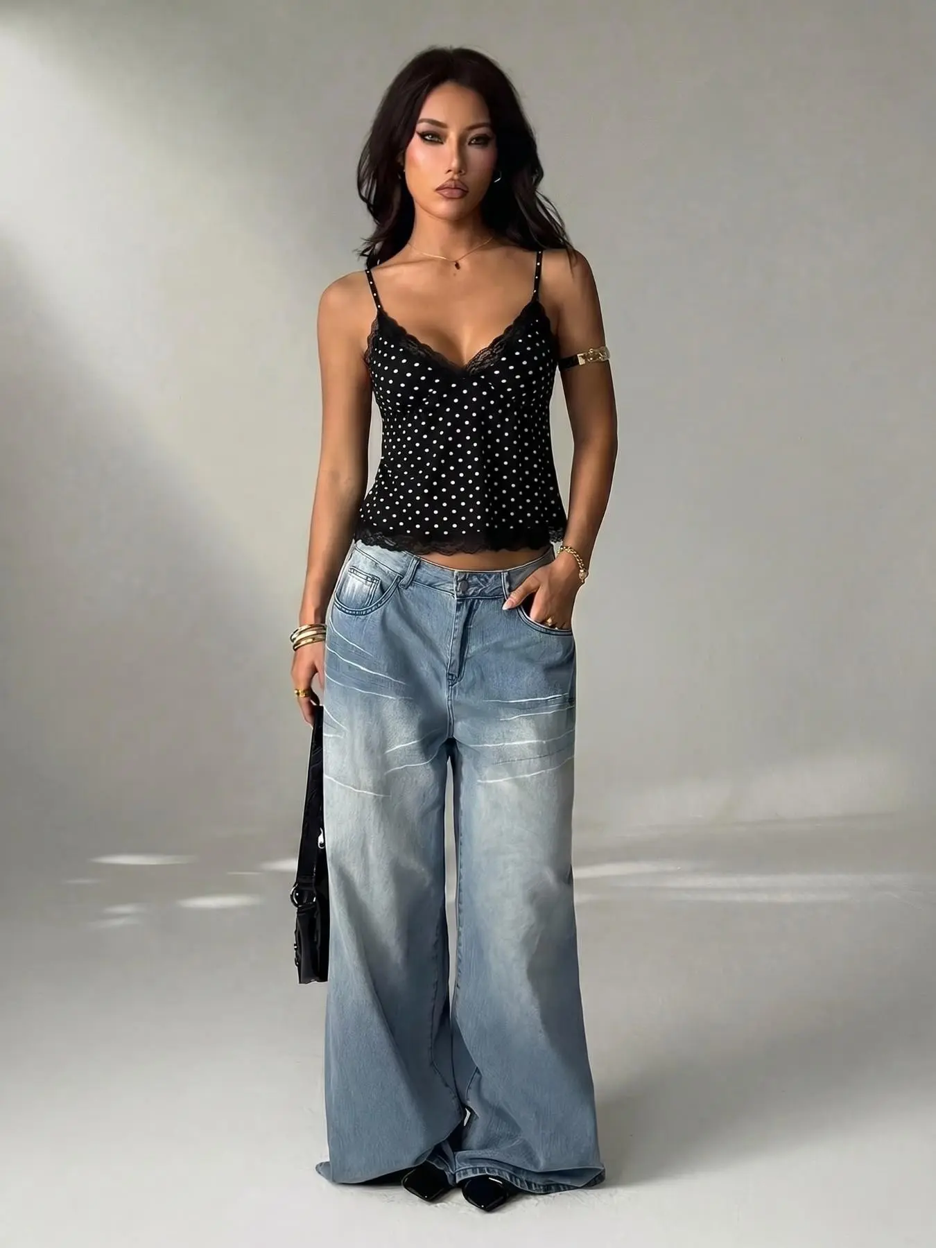 Women's Polka Dot Lace Trim Spaghetti Strap Cami Top V Neck Ruched Slim Fit Cropped Camisole 2026 Summer Streetwear Daily Trendy Going Out Stylish Viral TikTok Fashion Essential for Inner Layering & Casual Matching