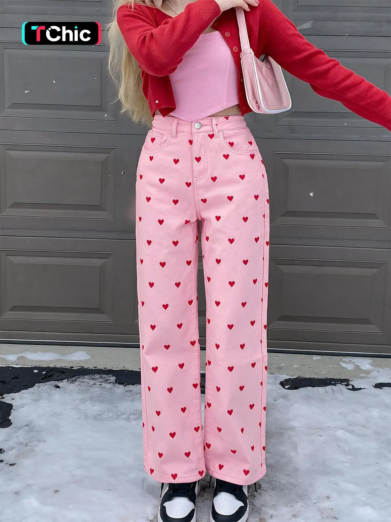 Sweet Heart Print High Stretch Elastic Mid-Waist Wide Leg Jeans, Denim Fabric, Women's Casual Daily Wear, Fitted All Seasons