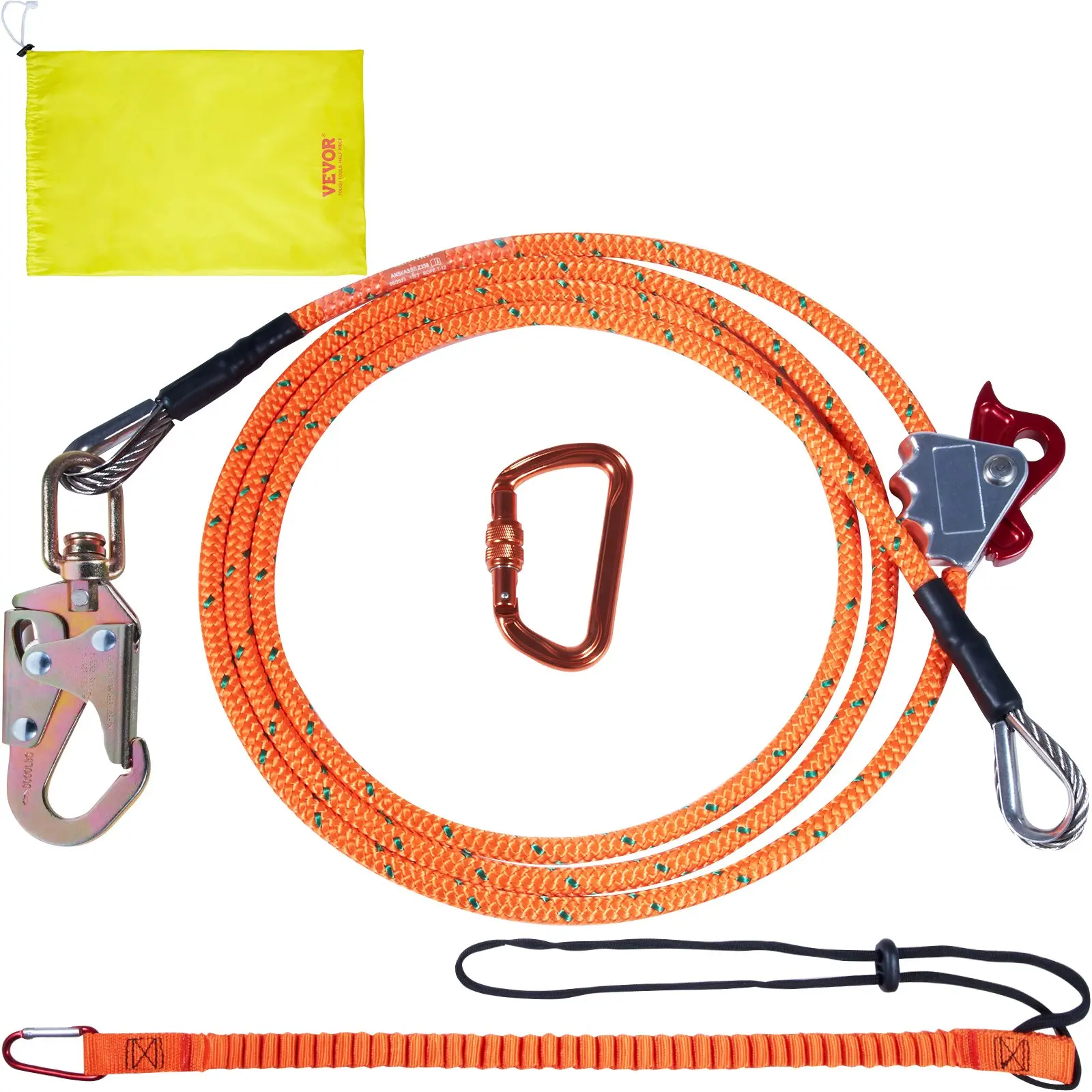 VEVOR High Strength Steel & Poly Core Arborist Flipline, 1/2"x12ft Round Rope Safety Support Line for Tree Climbing, Alloy Steel Snap Hooks, Aluminum Alloy Carabiner & Extra Tool Lanyard