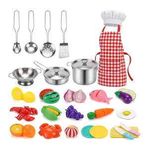 46PCS Kids Play Kitchen Pretend Cooking Toy for 6-8 Years Unisex – Stainless Steel Pots & Utensils, Cutting Food, Chef Apron & Hat