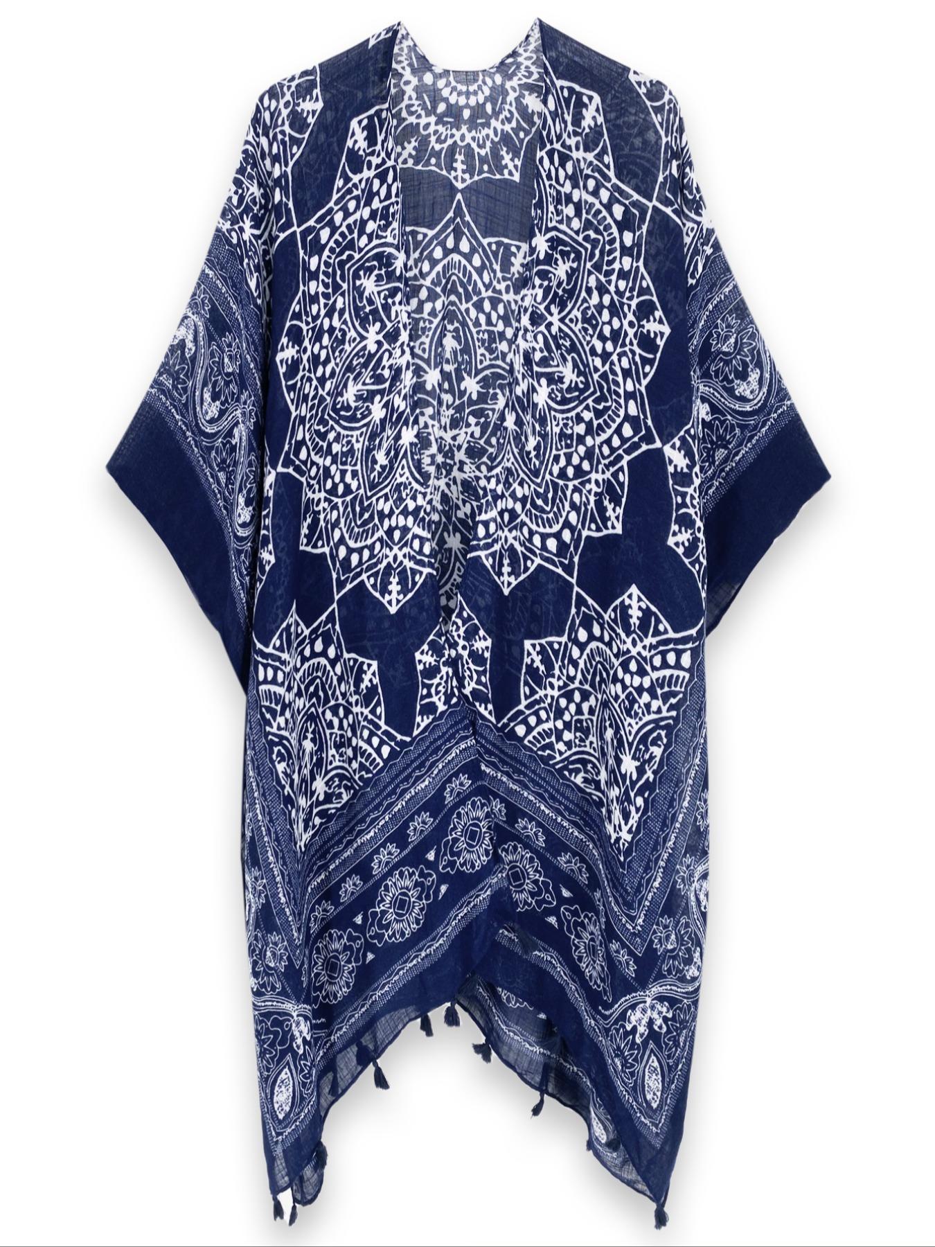 Women's Ethnic Pattern Fringe Trim Kimono Cover Up, Boho Batwing Sleeve Open Front Cover Up, Ladies Summer Clothes for Beach Holiday Vacation, Beach Cover Ups, Swimsuit Cover Ups