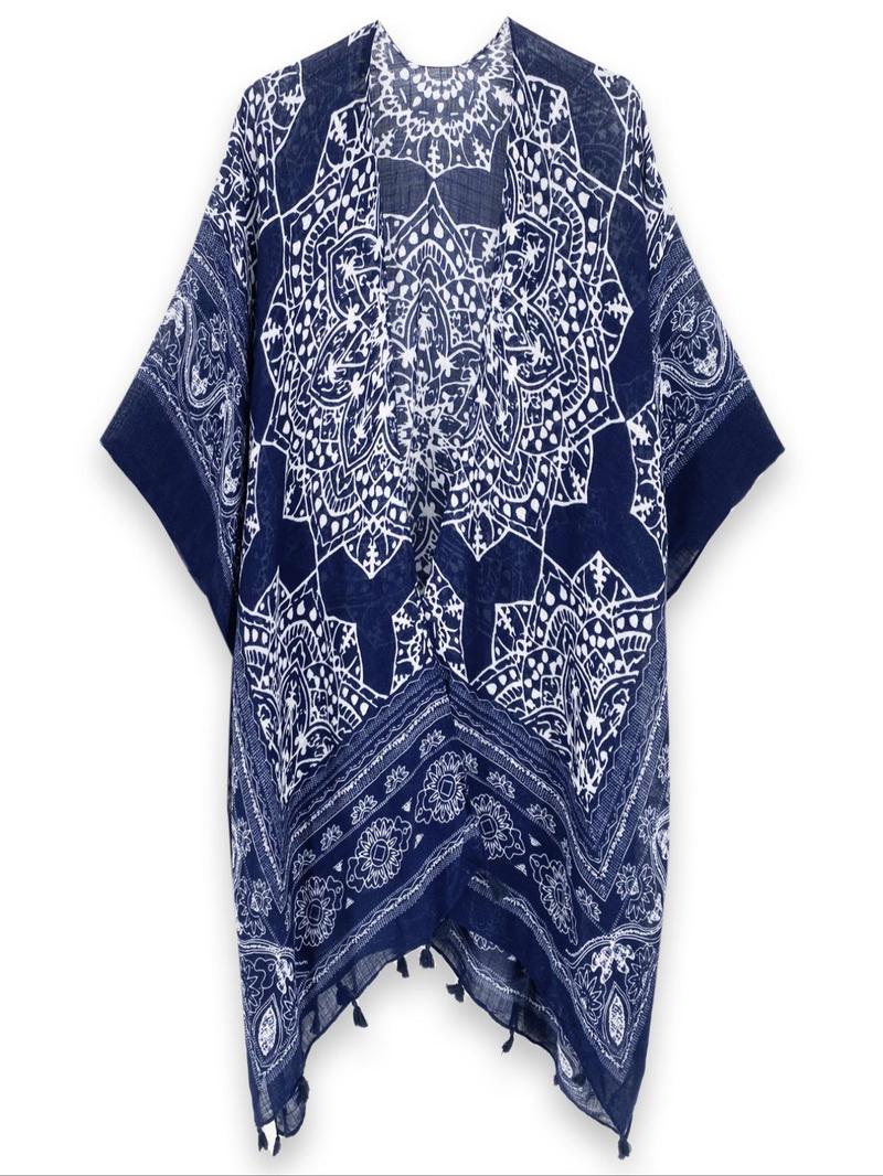 Women's Ethnic Pattern Fringe Trim Kimono Cover Up, Boho Batwing Sleeve Open Front Cover Up, Ladies Summer Clothes for Beach Holiday Vacation, Beach Cover Ups, Swimwear Cover Up