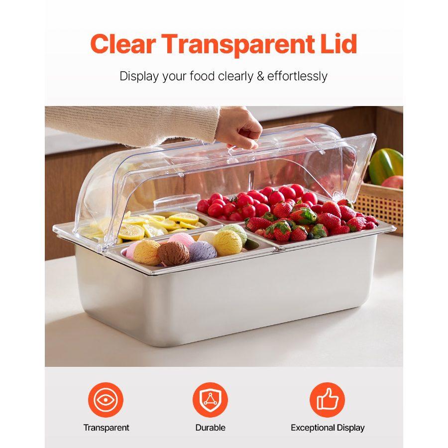 VEVOR Countertop Food Serving Display Container, 4 Pan Stainless Steel Food Serving Tray, Buffet Condiment Dispenser Display Rack with Clear Lid 3 Freezer Boxes, for Restaurant Hotel Kitchen Party