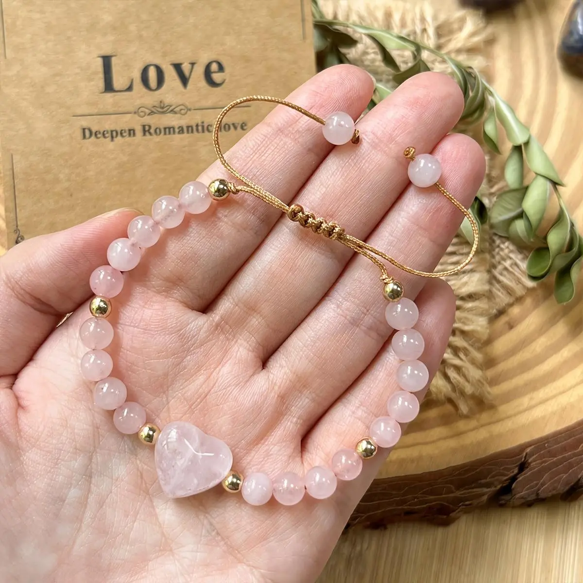 Natural Rose Quartz Hand-Woven Beads Heart Chakra Bracelet, Love Attraction Themed, Aura Infusion, Heart-Shaped Love Attraction Jewelry for Valentine's Day, Bohemian Jewelry Accessories, Ideal for Daily Wear & Gifting, Heart Chakra Jewelry