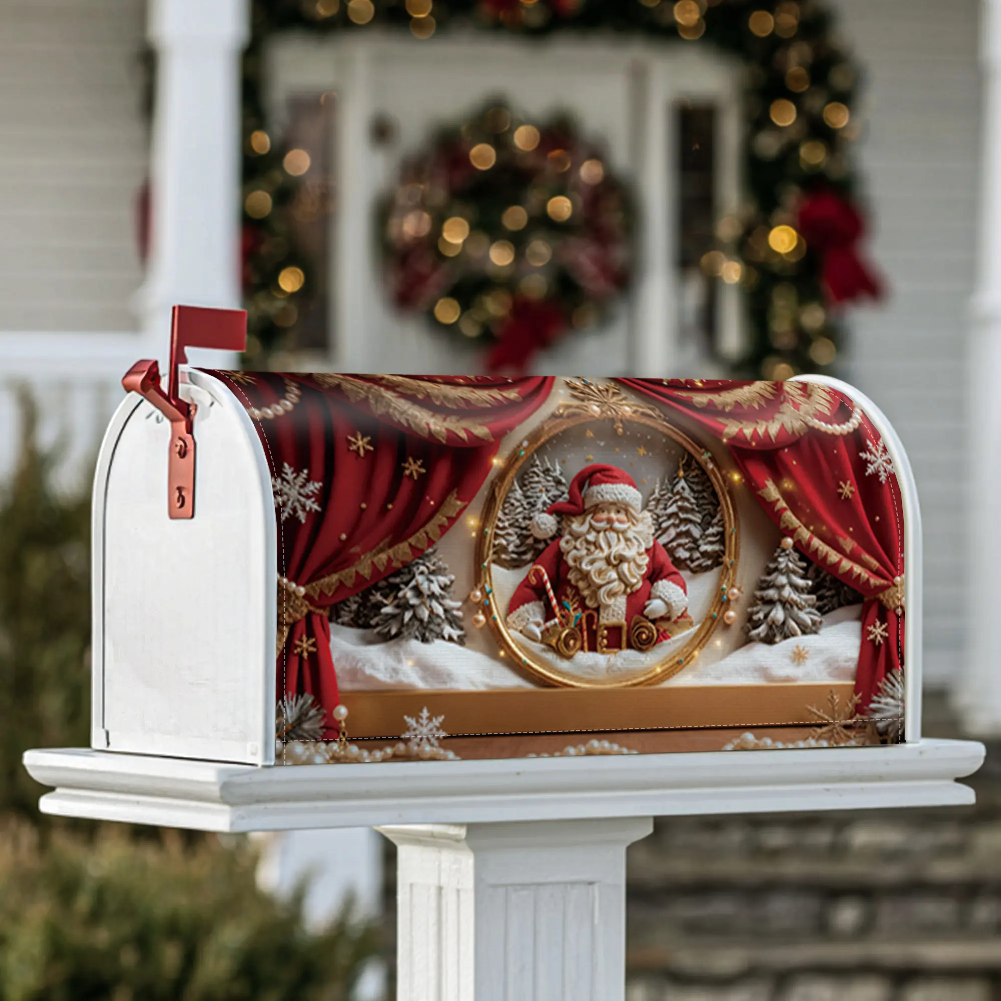 Santa Claus Magnetic Mailbox Covers, Christmas festive snowflakes Christmas trees Christmas red Mailbox Covers for Outside for Front Door Decor