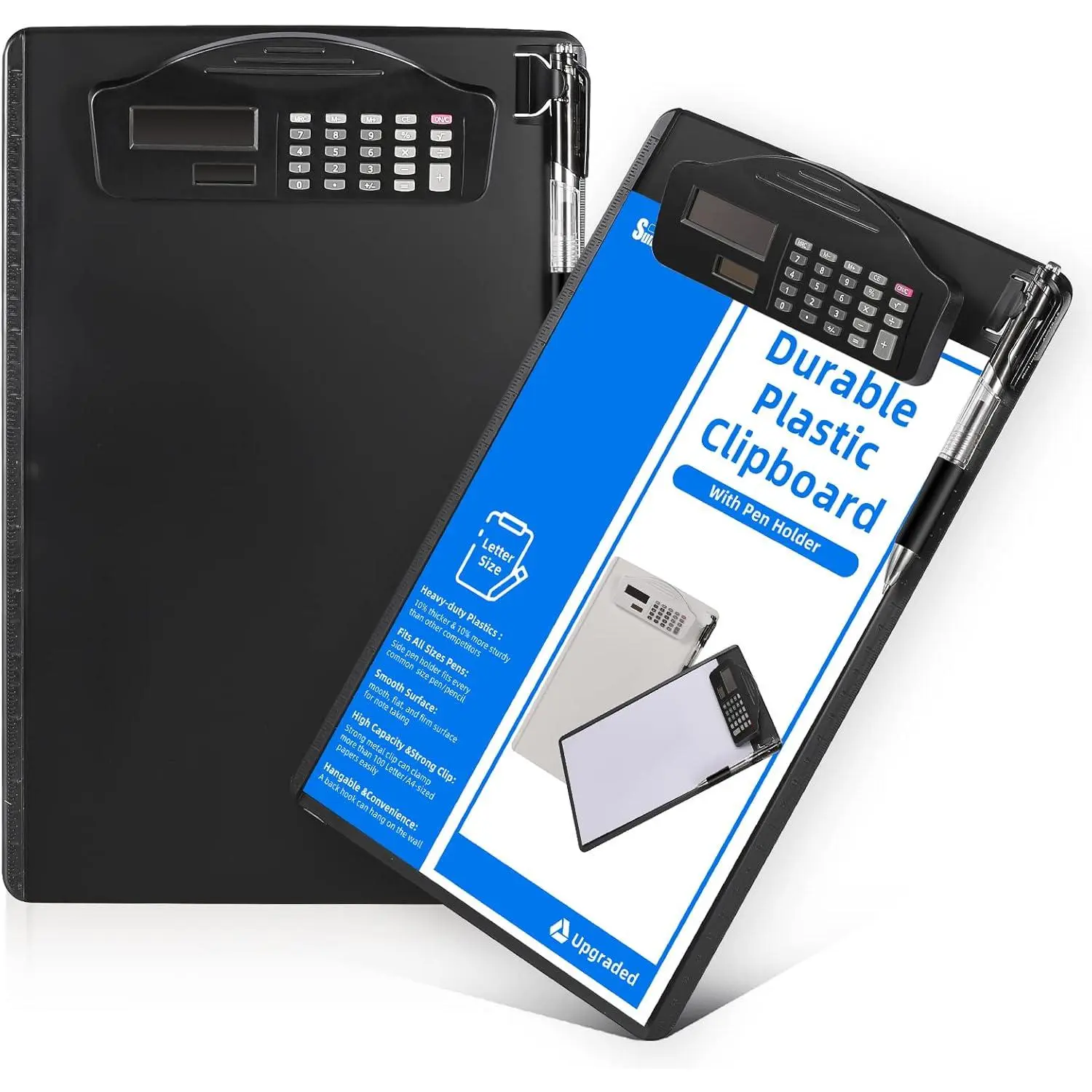 Clipboard with Pen Holder & Calculator, [20% Thicker & Durable] Plastic Clip Board with Side Ruler, 9x13  Contractor Clipboard for Letter Size/A4 Paper, for Work, Office, School,Black