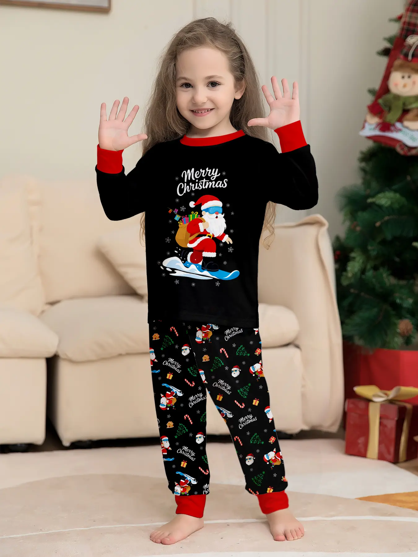 European Style Christmas Print Family Four Matching Long Pajama Two-Piece Set, Hot Sale Festive Outfit