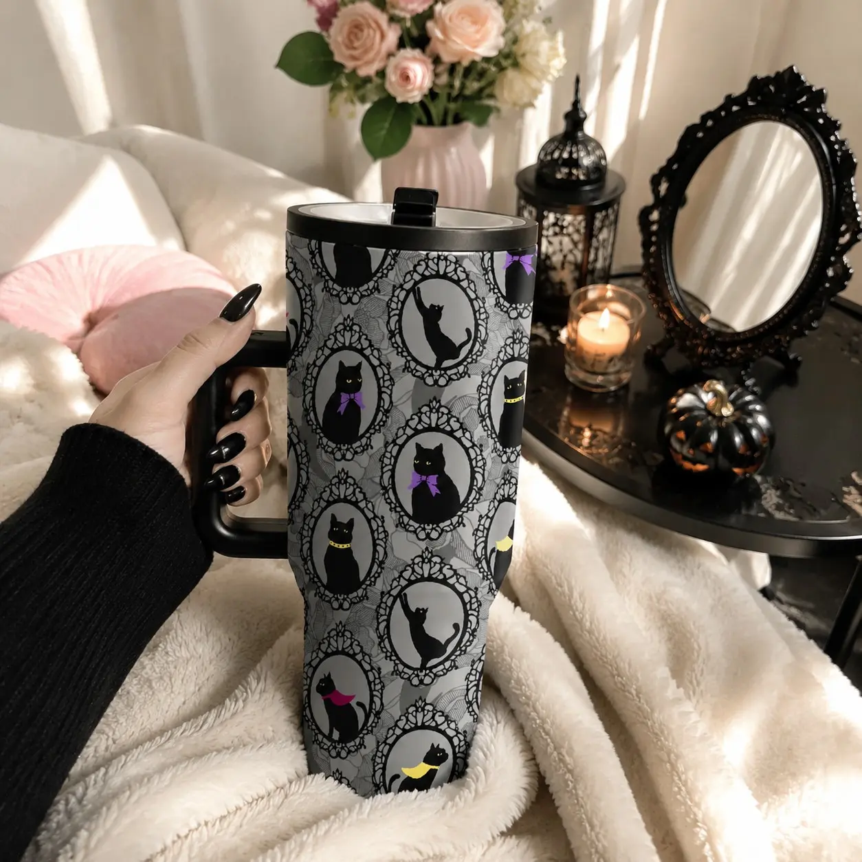 40oz Black Cat Insulated Tumbler With Handle, Insulated Drinkware, Leakproof Tumbler, Vintage Cameo Pattern, Double Wall Vacuum Stainless Steel Keeps Drinks Hot or Cold for Hours, Leak Proof Lid, Large Capacity Mug for Cat Lovers and Gift Fans