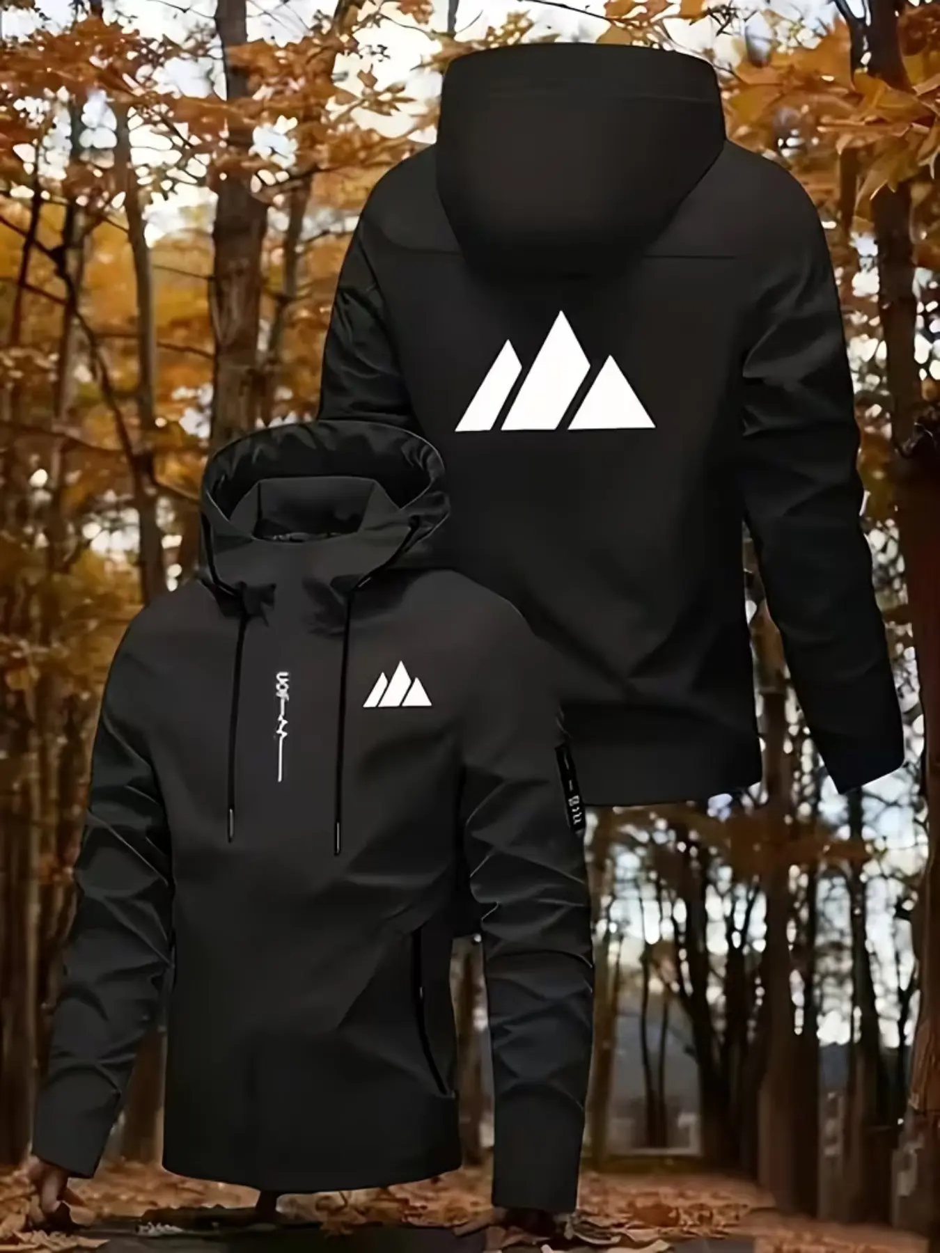 Men's Casual Hooded Windbreaker, Lightweight Motorcycle Jacket, Zip Closure, Brand Print, Waterproof, Outdoor Skiing, Hiking, Climbing