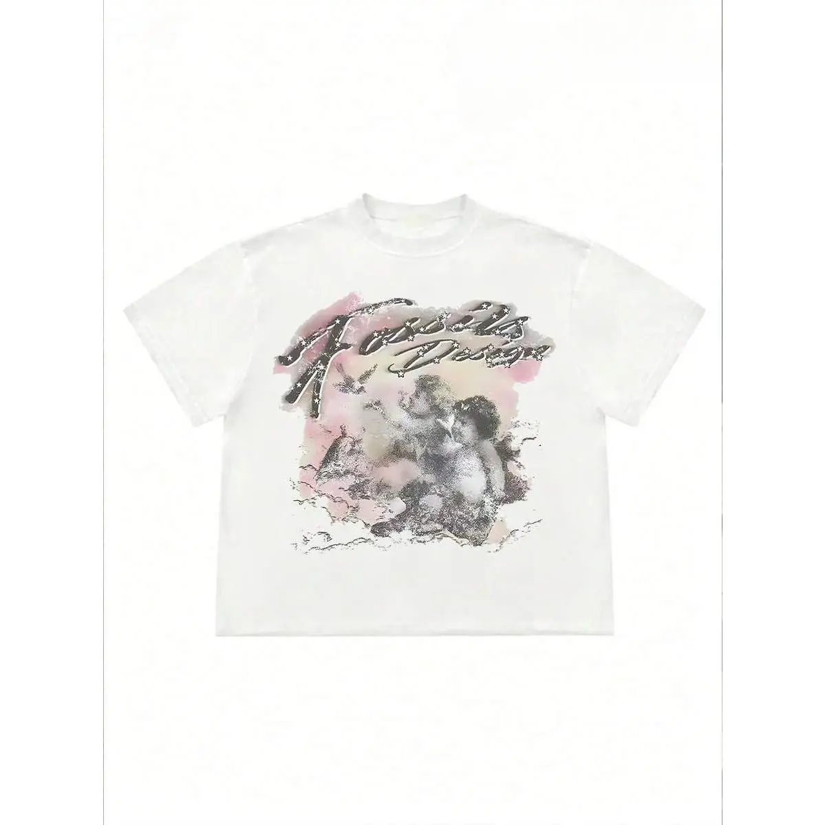 Basic White Unisex T-shirt, Pastel Watercolor Angel Cherub Star Cursive Graphic Crew Neck Tee, Loose Oversized Casual T-shirt For Daily Vacation Matching