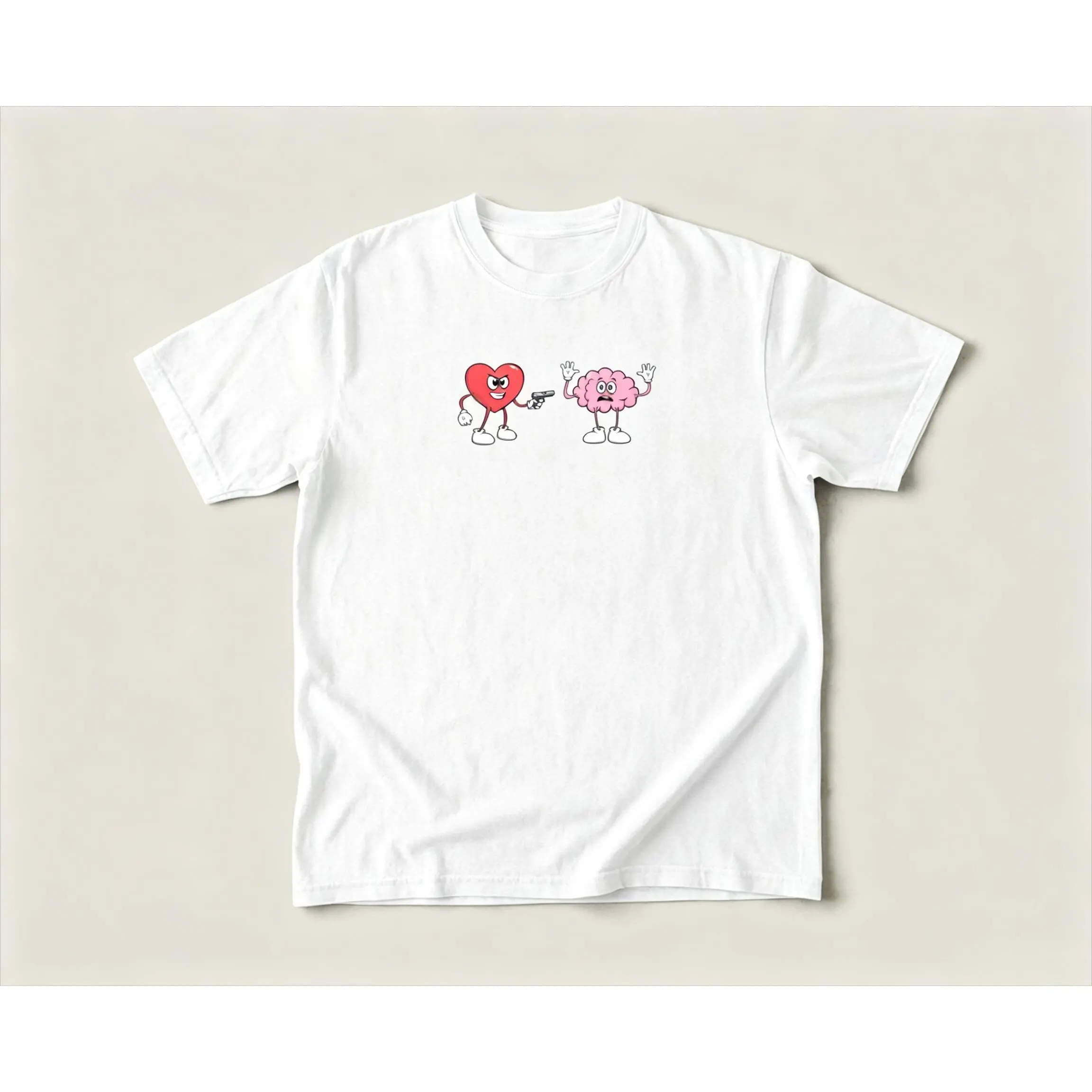 Heart Brain Cartoon Character Funny Oversized Comfort Cotton Graphic T Shirt, Fashion Casual Daily Outfit Cute Humor Tee, Perfect Valentine's Day Gift For Him & Her, Ideal Holiday Birthday Present For Friends And Family