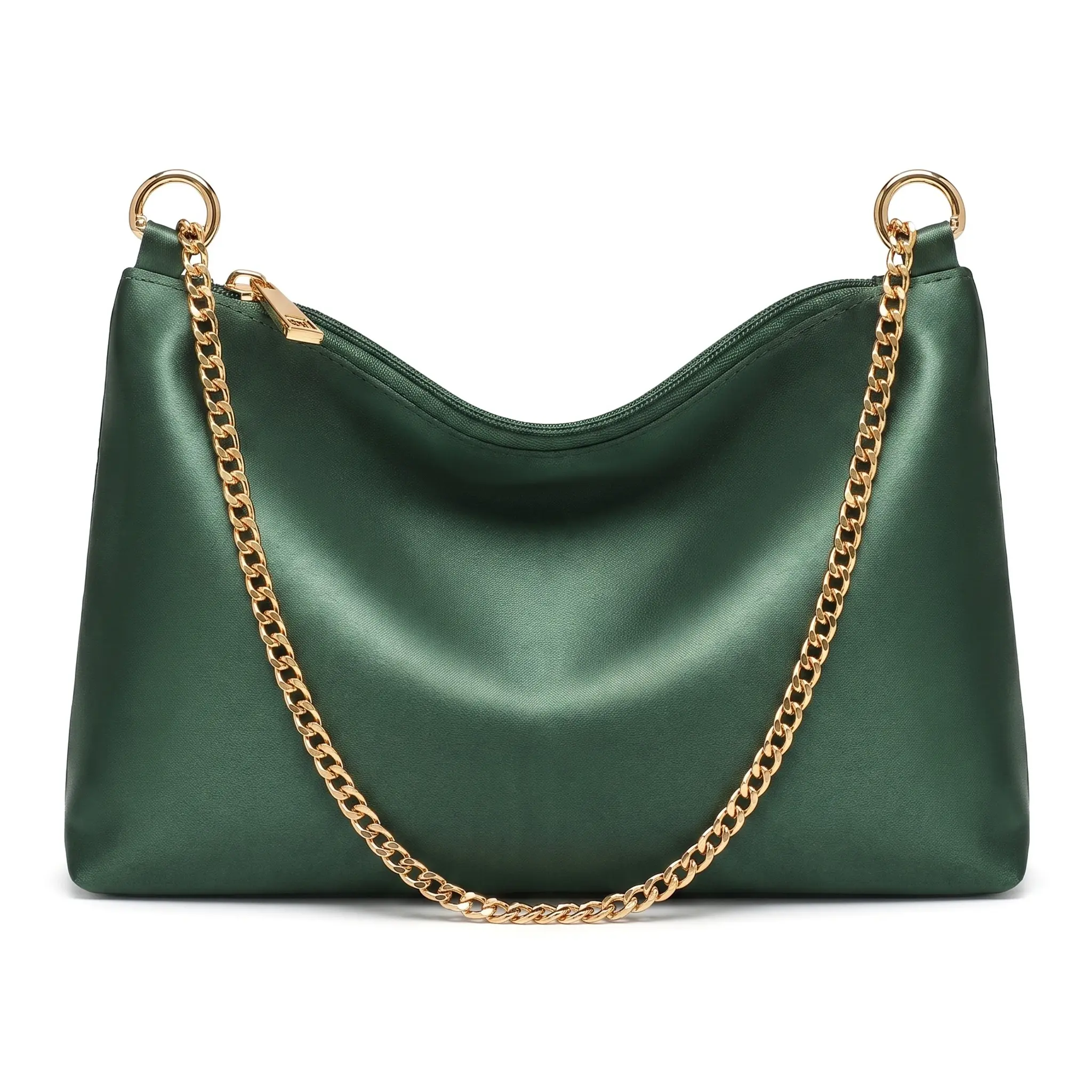 Women's Cozy Satin Chain Bag - Soft Square Zipper Clutch with Phone Pocket, Retro Chic Sleek Minimalist Evening/Daily Party Essential (Eucalyptus Green, Champagne Gold, Gray Blue, Navy)
