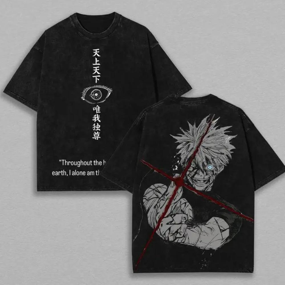 Retro Heavy Gojo Satoru Red Technique Ver.3 THE HONORED ONE Jujutsu Kaisen Anime Double Printed Vintage Washed Tee Unisex Oversize Anime Manga Washed Heavyweight Cotton T-shirt