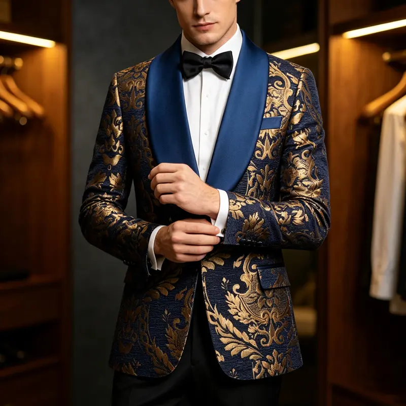 Men's Gold Floral Jacquard Polyester Formal Wear Suit - Long Sleeve Satin Shawl Lapel Tuxedo Blazer, Luxury Printed Menswear Outfit, Ideal for Weddings, Proms, Evening Events, Smooth, Trouser, Original, Matching, Wrinkle, Fabric, Suit Jacket
