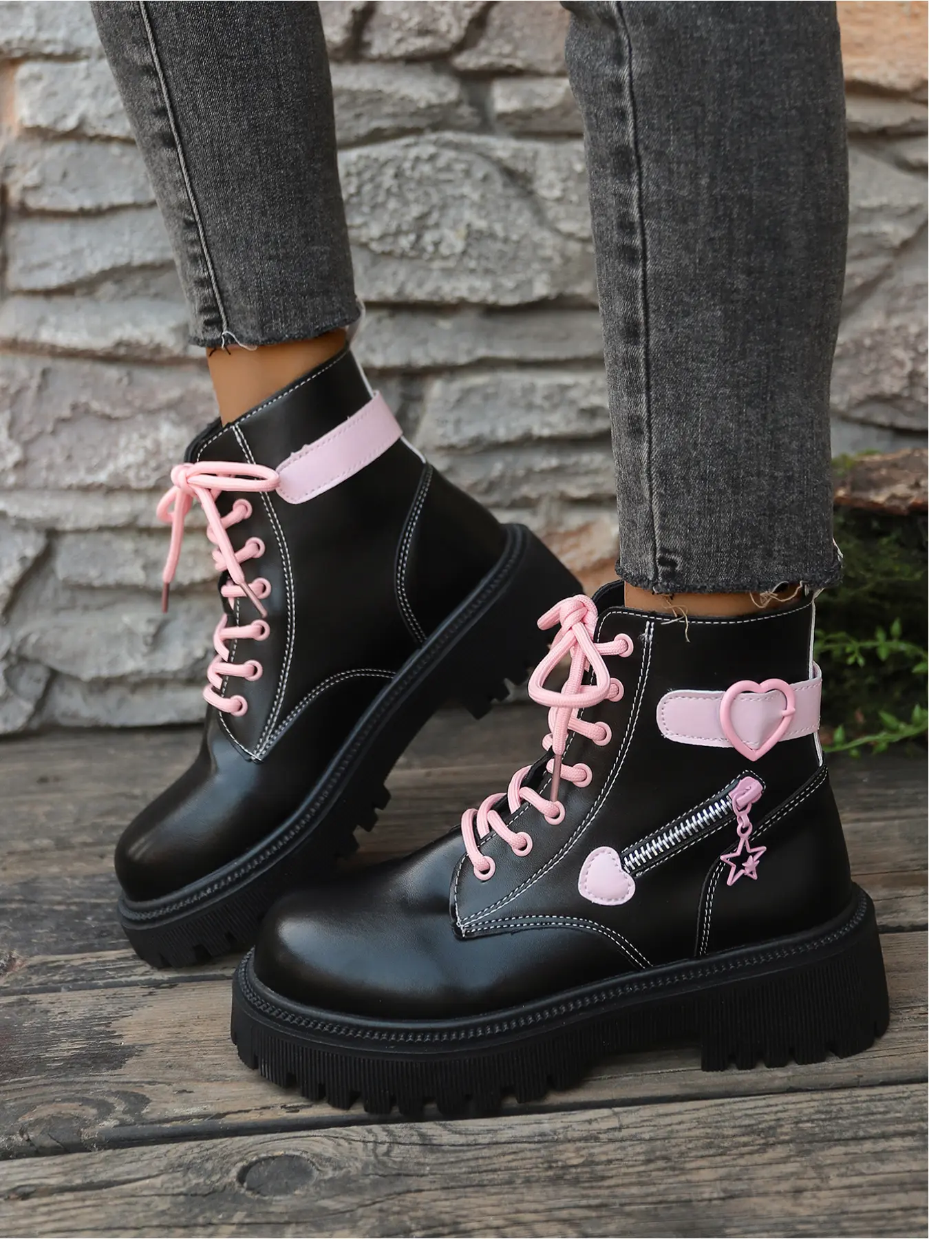 Black Pink Lace-Up Combat Boots for Women, Platform Ankle Booties, Cute Heart Detail, Side Zipper, Non-slip Sole, Casual Daily FootwearWhite Pink Lace-Up Platform Boots for Women, Cute Heart & Star Detail, Side Zipper, Chunky Sole Ankle Booties, Sweet Sty