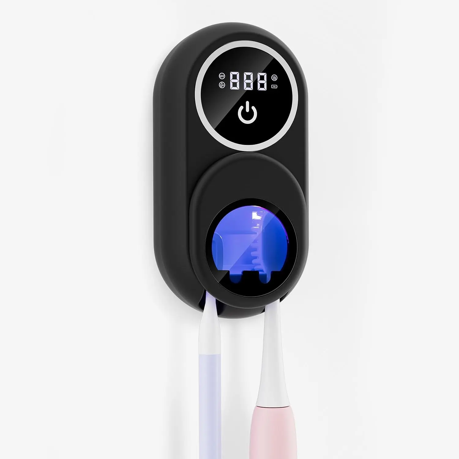 Toothbrush Holder & Toothbrush Cleaner, UV Toothbrush Sanitizer and Holder 2 Slots, and Fan & Heat Drying, LED Screen, Wall Mounted Tooth Brush Holder for Bathrooms (Black)