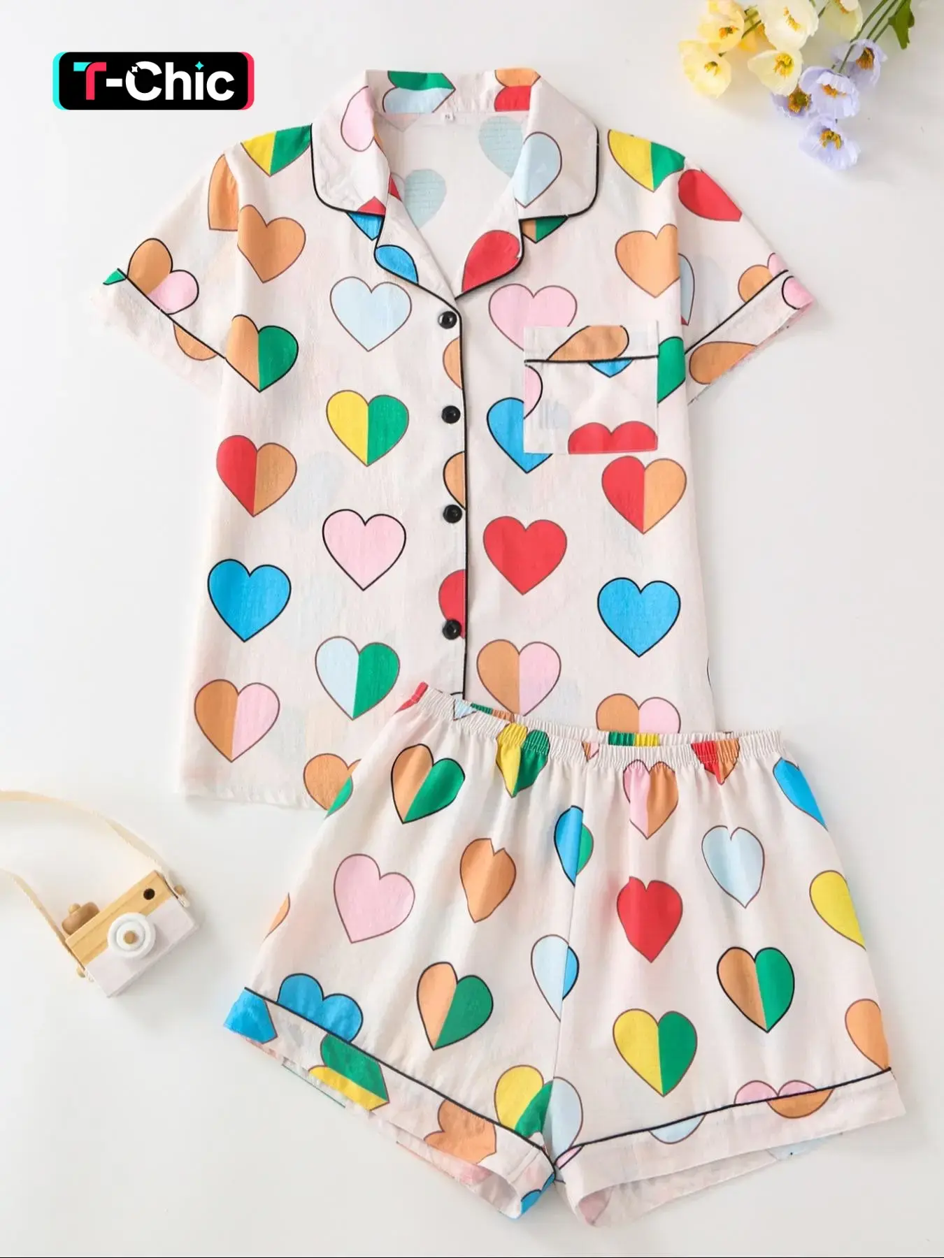 2 Piece Rainbow Heart Print Women's Elegant Pajama Set, Collared Button Short Sleeve Top and Loose Comfortable Shorts, Sweet Teen Girls Heart Pattern Sleepwear