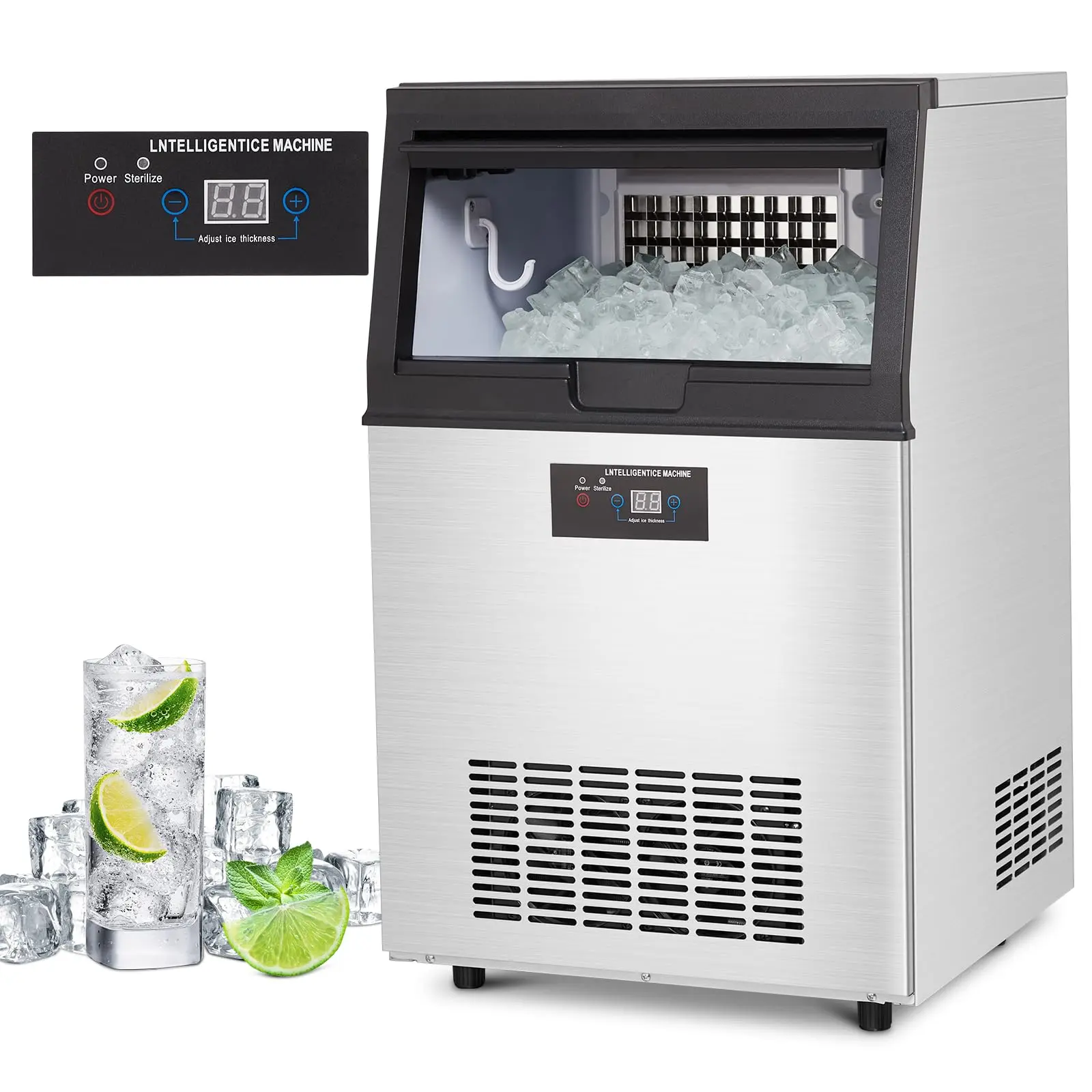 Garvee Automatic Stainless Steel Ice Maker Machine - 80lbs/24H, 30lbs Storage Bin, 32 Cubes Per Cycle, Quiet, Self-Cleaning, Adjustable Ice Thickness, 18.9"l x 17.7"w x 30.7"h Single Unit, Versatile for Home, Coffee Shop