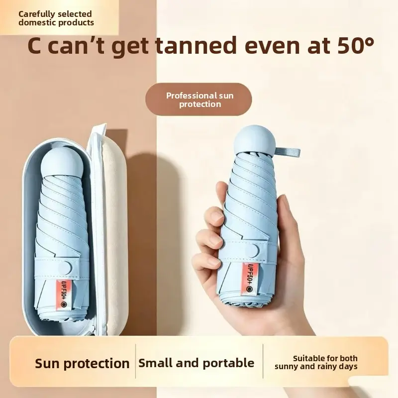Mini Sun Umbrella, UV Protection, Ultra-Light 5-Fold Rain or Shine Umbrella, Black Coated Capsule Portable Parasol for Men & Women