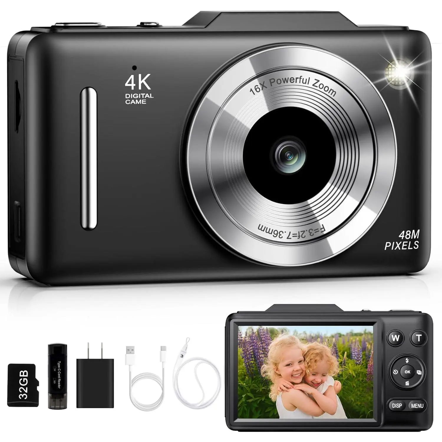 Digital Camera 4K for -48MP Autofocus Vlogging Camera with 32GB Card, 16X Zoom, Anti-Shake, Compact Point and Shoot Camera for Teens Beginners, Birthday  Black
