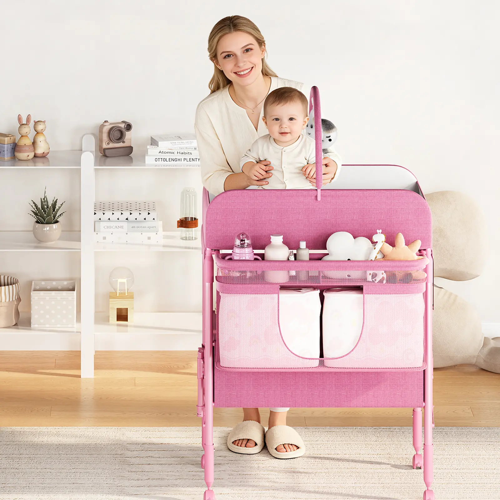 Foldable Baby Changing Table with 2 Storage Drawers, Foldable Changing Table with Waterproof Diaper Topper, Height Adjustable Diaper Changing Tables for Infant and Newborn